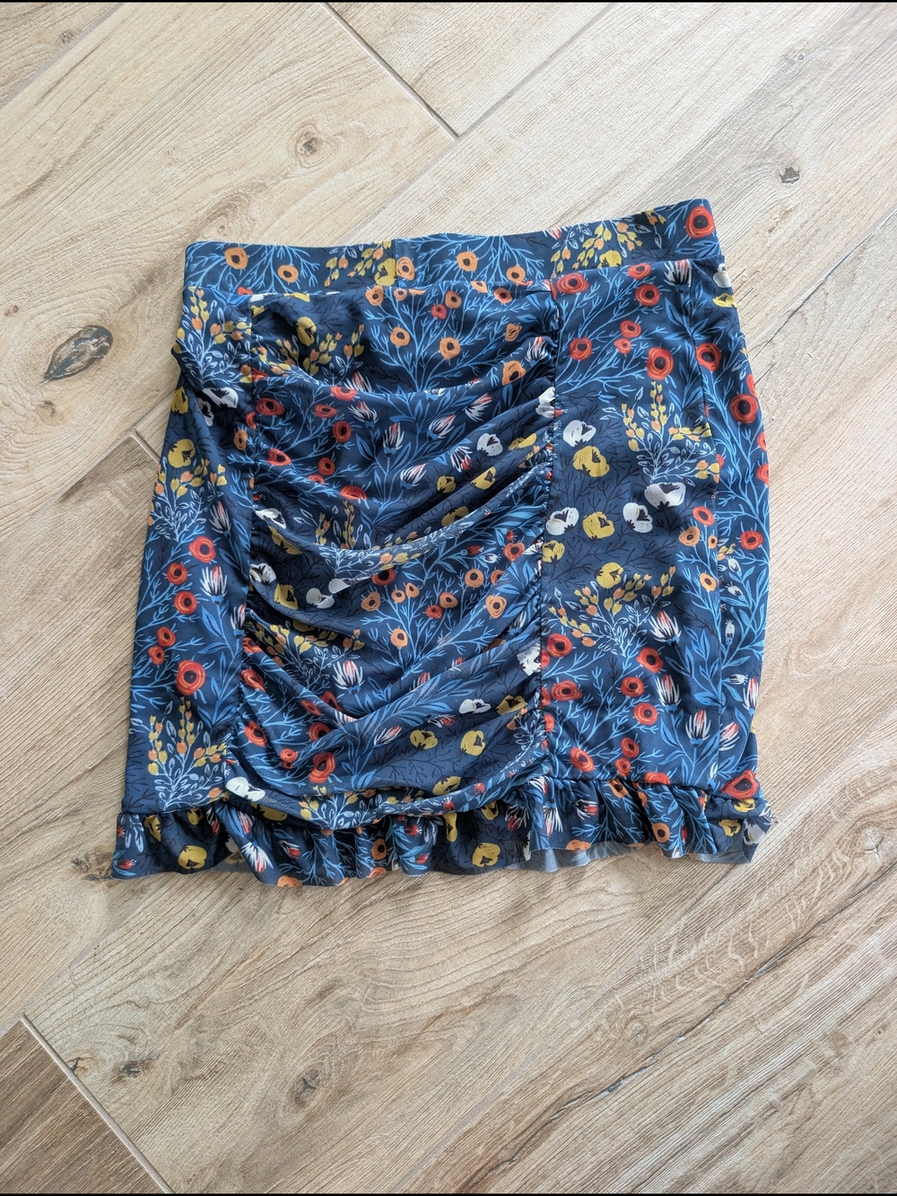 Free People Navy Floral Ruffle Mini Skirt with Ruched Front